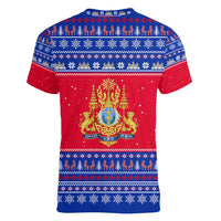 Cambodia Christmas Women V-Neck T-Shirt with Buffalo Children Holiday Tree Snowflakes and Khmer Pattern Design - Wonder Print Shop