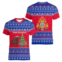 Cambodia Christmas Women V-Neck T-Shirt with Buffalo Children Holiday Tree Snowflakes and Khmer Pattern Design - Wonder Print Shop