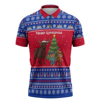 Cambodia Christmas Zipper Polo Shirt with Buffalo Children Holiday Tree Snowflakes and Khmer Pattern Design - Wonder Print Shop