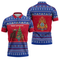 Cambodia Christmas Zipper Polo Shirt with Buffalo Children Holiday Tree Snowflakes and Khmer Pattern Design - Wonder Print Shop