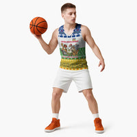 Central African Republic Christmas Basketball Jersey with Santa and Safari Animals Baobab Trees Snowflakes and Tribal Pattern - Wonder Print Shop