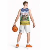Central African Republic Christmas Basketball Jersey with Santa and Safari Animals Baobab Trees Snowflakes and Tribal Pattern - Wonder Print Shop