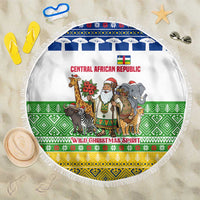 Central African Republic Christmas Beach Blanket with Santa and Safari Animals Baobab Trees Snowflakes and Tribal Pattern - Wonder Print Shop