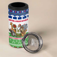Central African Republic Christmas 4 in 1 Can Cooler Tumbler with Santa and Safari Animals Baobab Trees Snowflakes and Tribal Pattern - Wonder Print Shop