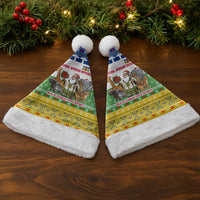 Central African Republic Christmas Santa Hat with Santa and Safari Animals Baobab Trees Snowflakes and Tribal Pattern - Wonder Print Shop