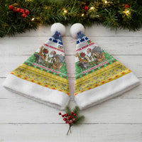 Central African Republic Christmas Santa Hat with Santa and Safari Animals Baobab Trees Snowflakes and Tribal Pattern - Wonder Print Shop