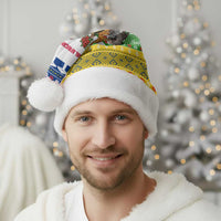 Central African Republic Christmas Santa Hat with Santa and Safari Animals Baobab Trees Snowflakes and Tribal Pattern - Wonder Print Shop