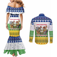 Central African Republic Christmas Couples Matching Mermaid Dress and Long Sleeve Button Shirt with Santa and Safari Animals Baobab Trees Snowflakes and Tribal Pattern - Wonder Print Shop