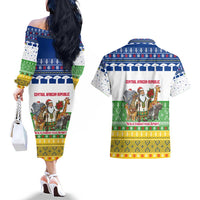 Central African Republic Christmas Couples Matching Off The Shoulder Long Sleeve Dress and Hawaiian Shirt with Santa and Safari Animals Baobab Trees Snowflakes and Tribal Pattern - Wonder Print Shop
