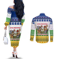 Central African Republic Christmas Couples Matching Off The Shoulder Long Sleeve Dress and Long Sleeve Button Shirt with Santa and Safari Animals Baobab Trees Snowflakes and Tribal Pattern - Wonder Print Shop