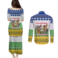 Central African Republic Christmas Couples Matching Puletasi and Long Sleeve Button Shirt with Santa and Safari Animals Baobab Trees Snowflakes and Tribal Pattern - Wonder Print Shop