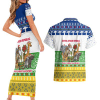 Central African Republic Christmas Couples Matching Short Sleeve Bodycon Dress and Hawaiian Shirt with Santa and Safari Animals Baobab Trees Snowflakes and Tribal Pattern - Wonder Print Shop