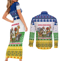 Central African Republic Christmas Couples Matching Short Sleeve Bodycon Dress and Long Sleeve Button Shirt with Santa and Safari Animals Baobab Trees Snowflakes and Tribal Pattern - Wonder Print Shop