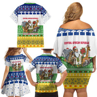 Central African Republic Christmas Family Matching Off Shoulder Short Dress and Hawaiian Shirt with Santa and Safari Animals Baobab Trees Snowflakes and Tribal Pattern - Wonder Print Shop