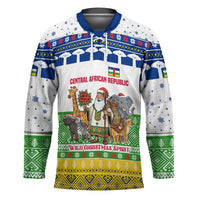 Central African Republic Christmas Hockey Jersey with Santa and Safari Animals Baobab Trees Snowflakes and Tribal Pattern - Wonder Print Shop