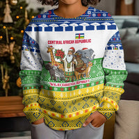 Central African Republic Christmas Kid Ugly Christmas Sweater with Santa and Safari Animals Baobab Trees Snowflakes and Tribal Pattern - Wonder Print Shop