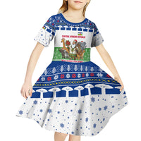 Central African Republic Christmas Kid Short Sleeve Dress with Santa and Safari Animals Baobab Trees Snowflakes and Tribal Pattern - Wonder Print Shop