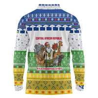 Central African Republic Christmas Long Sleeve Polo Shirt with Santa and Safari Animals Baobab Trees Snowflakes and Tribal Pattern - Wonder Print Shop
