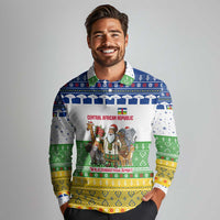 Central African Republic Christmas Long Sleeve Polo Shirt with Santa and Safari Animals Baobab Trees Snowflakes and Tribal Pattern - Wonder Print Shop