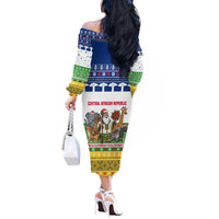 Central African Republic Christmas Off The Shoulder Long Sleeve Dress with Santa and Safari Animals Baobab Trees Snowflakes and Tribal Pattern - Wonder Print Shop