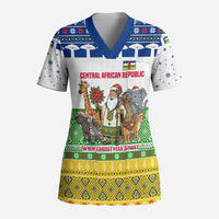 Central African Republic Christmas Scrub Top with Santa and Safari Animals Baobab Trees Snowflakes and Tribal Pattern - Wonder Print Shop