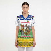 Central African Republic Christmas Scrub Top with Santa and Safari Animals Baobab Trees Snowflakes and Tribal Pattern - Wonder Print Shop