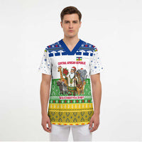 Central African Republic Christmas Scrub Top with Santa and Safari Animals Baobab Trees Snowflakes and Tribal Pattern - Wonder Print Shop