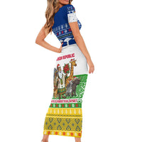 Central African Republic Christmas Short Sleeve Bodycon Dress with Santa and Safari Animals Baobab Trees Snowflakes and Tribal Pattern - Wonder Print Shop