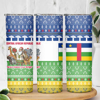 Central African Republic Christmas Skinny Tumbler with Santa and Safari Animals Baobab Trees Snowflakes and Tribal Pattern - Wonder Print Shop