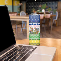 Central African Republic Christmas Skinny Tumbler with Santa and Safari Animals Baobab Trees Snowflakes and Tribal Pattern - Wonder Print Shop
