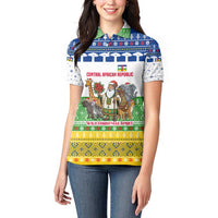 Central African Republic Christmas Women Polo Shirt with Santa and Safari Animals Baobab Trees Snowflakes and Tribal Pattern - Wonder Print Shop