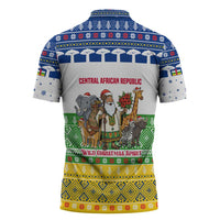 Central African Republic Christmas Zipper Polo Shirt with Santa and Safari Animals Baobab Trees Snowflakes and Tribal Pattern - Wonder Print Shop