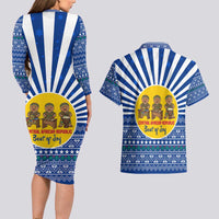 Central African Republic Christmas Couples Matching Long Sleeve Bodycon Dress and Hawaiian Shirt with Drumming Kids Beat of Joy Tribal Pattern and Snowflakes - Wonder Print Shop