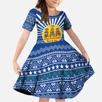 Central African Republic Christmas Family Matching Short Sleeve Bodycon Dress and Hawaiian Shirt with Drumming Kids Beat of Joy Tribal Pattern and Snowflakes - Wonder Print Shop