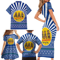 Central African Republic Christmas Family Matching Short Sleeve Bodycon Dress and Hawaiian Shirt with Drumming Kids Beat of Joy Tribal Pattern and Snowflakes - Wonder Print Shop