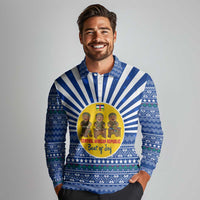 Central African Republic Christmas Long Sleeve Polo Shirt with Drumming Kids Beat of Joy Tribal Pattern and Snowflakes - Wonder Print Shop