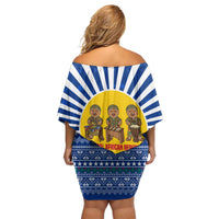 Central African Republic Christmas Off Shoulder Short Dress with Drumming Kids Beat of Joy Tribal Pattern and Snowflakes - Wonder Print Shop