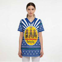 Central African Republic Christmas Scrub Top with Drumming Kids Beat of Joy Tribal Pattern and Snowflakes - Wonder Print Shop
