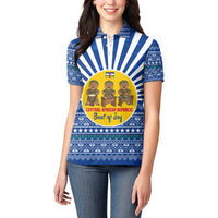 Central African Republic Christmas Women Polo Shirt with Drumming Kids Beat of Joy Tribal Pattern and Snowflakes - Wonder Print Shop
