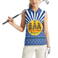 Central African Republic Christmas Women Sleeveless Polo Shirt with Drumming Kids Beat of Joy Tribal Pattern and Snowflakes - Wonder Print Shop