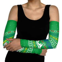 Comoros Christmas Arm Sleeves with Santa Riding Dolphin Ocean Waves Crescent Moon and Tribal Pattern - Wonder Print Shop