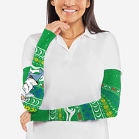 Comoros Christmas Arm Sleeves with Santa Riding Dolphin Ocean Waves Crescent Moon and Tribal Pattern - Wonder Print Shop