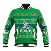 Comoros Christmas Baseball Jacket with Santa Riding Dolphin Ocean Waves Crescent Moon and Tribal Pattern - Wonder Print Shop