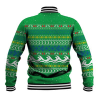 Comoros Christmas Baseball Jacket with Santa Riding Dolphin Ocean Waves Crescent Moon and Tribal Pattern - Wonder Print Shop
