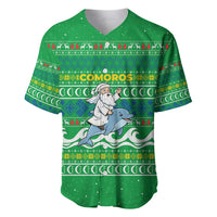 Comoros Christmas Baseball Jersey with Santa Riding Dolphin Ocean Waves Crescent Moon and Tribal Pattern - Wonder Print Shop