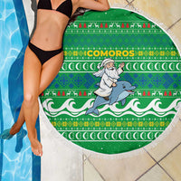 Comoros Christmas Beach Blanket with Santa Riding Dolphin Ocean Waves Crescent Moon and Tribal Pattern - Wonder Print Shop