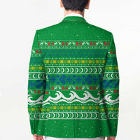 Comoros Christmas Blazer with Santa Riding Dolphin Ocean Waves Crescent Moon and Tribal Pattern - Wonder Print Shop