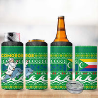 Comoros Christmas 4 in 1 Can Cooler Tumbler with Santa Riding Dolphin Ocean Waves Crescent Moon and Tribal Pattern - Wonder Print Shop