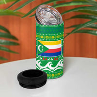 Comoros Christmas 4 in 1 Can Cooler Tumbler with Santa Riding Dolphin Ocean Waves Crescent Moon and Tribal Pattern - Wonder Print Shop