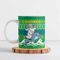 Comoros Christmas Ceramic Mug with Santa Riding Dolphin Ocean Waves Crescent Moon and Tribal Pattern - Wonder Print Shop
